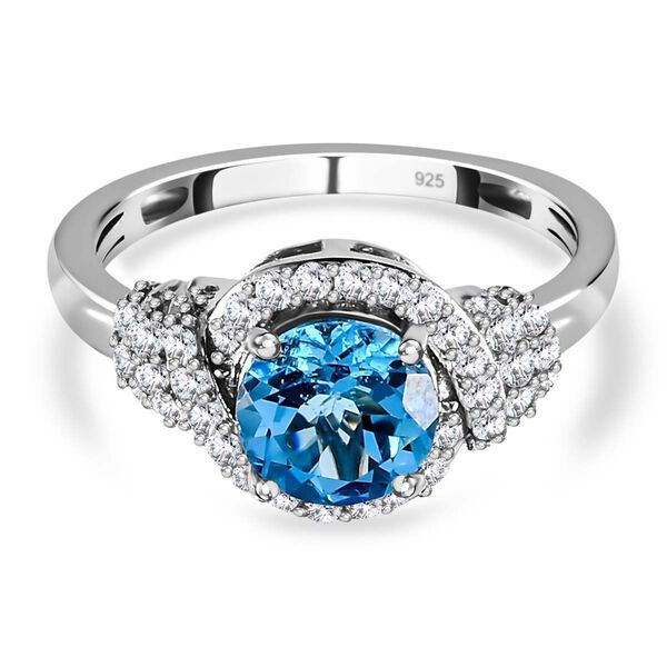 Schweizer Blautopas, Wei&szlig;er Zirkon Ringe 925 Silber platiniert (Gr&ouml;&szlig;e 19.00) ca. 1.89 ct