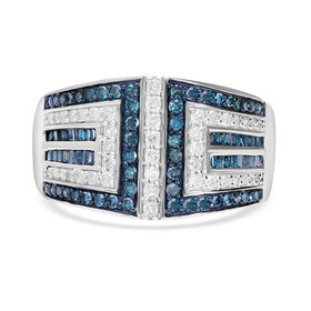 Designer-Stil Mäandermuster Weißer Diamant, Blauer Diamant Ring 925 Silber platiniert (Größe 17.00) ca. 1.00 ct