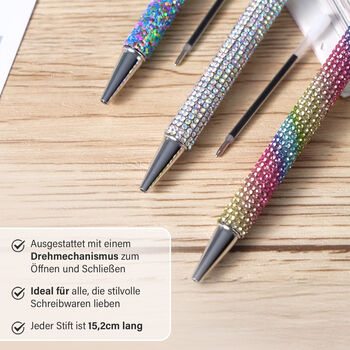 3er-Set Kugelschreiber mit Strassverzierung und Diamantspitze, inkl. 3 blauen Minen, 15cm, Mehrfarbig