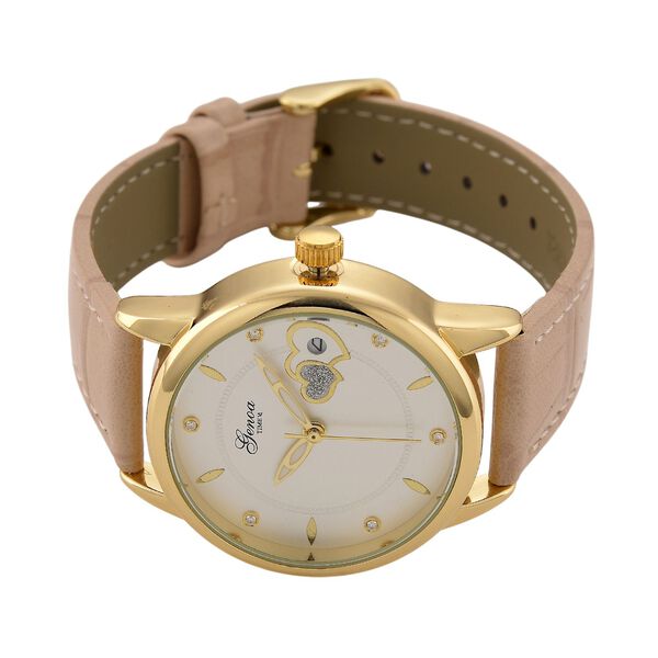 GENOA - Automatik-Armbanduhr mit Herz-Design und Datumsanzeige, Dandong-Uhrwerk, Wei&szlig;es Zifferblatt, Goldfarben, Helltaupes Lederarmband, 36 mm image number 4