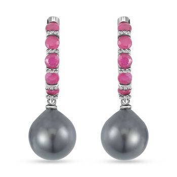 Tahiti Perle, Afrikanischer Rubin (Fissure gef&uuml;llt) Ohrringe, 925 Silber rhodiniert, ca. 1.50 ct