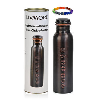 2er-Set - LIVMORE Kupfer-Trinkflasche mit 7-Chakra-Gravur (ca. 900 ml) und Armband mit Chakra-Perlen aus Edelsteinen - Schwarz