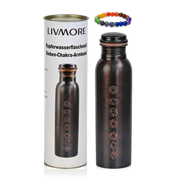 2er-Set - LIVMORE Kupfer-Trinkflasche mit 7-Chakra-Gravur (ca. 900 ml) und Armband mit Chakra-Perlen aus Edelsteinen - Schwarz