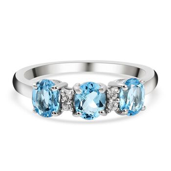 Schweizer Blautopas und wei&szlig;er Zirkon-Ring, 925 Silber platiniert (Gr&ouml;&szlig;e 19.00) ca. 1,33 ct