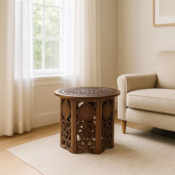 NAKKASHI Handgeschnitzter Couchtisch aus Mangoholz, 68x68x51cm, Braun image number 2