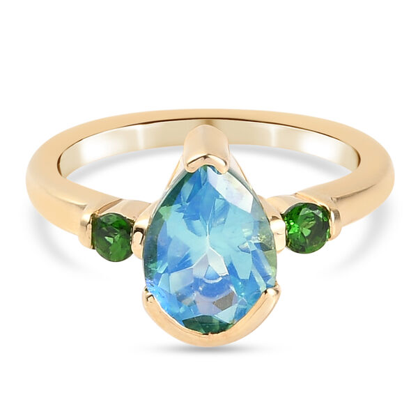 Pfau Triplett Quarz und Nat&uuml;rlicher Chromdiopsid Ring 925 Silber vergoldet  ca. 2,27 ct