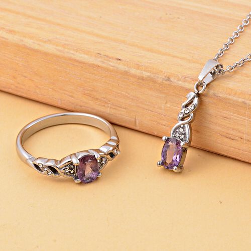 2er Set - Afrikanischer Amethyst, Ring und Anhänger mit Kette Schmuckset, Reiner Edelstahl, ca. 0.60 ct image number 1