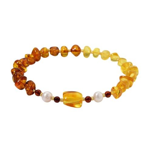 Bernstein, Weiße Süßwasser Perle Armband Flexibel image number 0