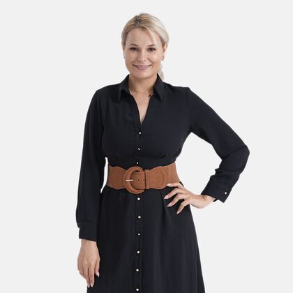 Elastischer Tailleng&uuml;rtel mit runder Schnalle, One Size, Karamell