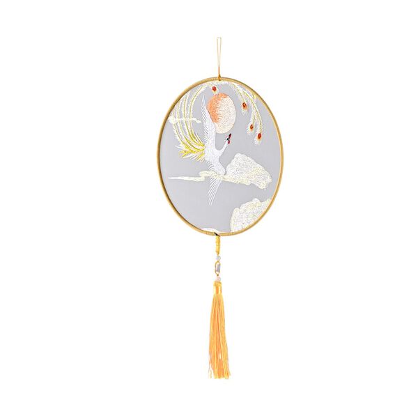 "Brand:LIVMORE Double-sided embroidery Silk wall decoration with  Jade tassel-Round shape                                                                                                             Size Dia: 20cm Pattern:Yellow Phoenix image number 5