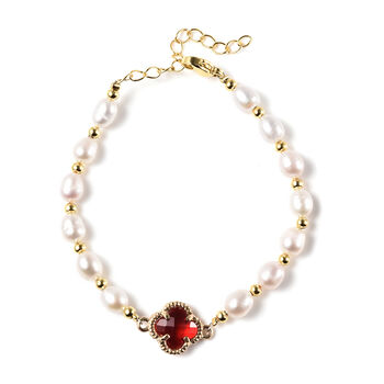 Wei&szlig;e S&uuml;&szlig;wasserzucht Perle und Rot Glas Armband ca. 20 cm goldfarben