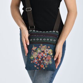Crossbody-Tasche mit Blumenmotiv, 3 Reißverschlussfächer, verstellbarer Schultergurt (ca. 120 cm), 21x28 cm, Mehrfarbig