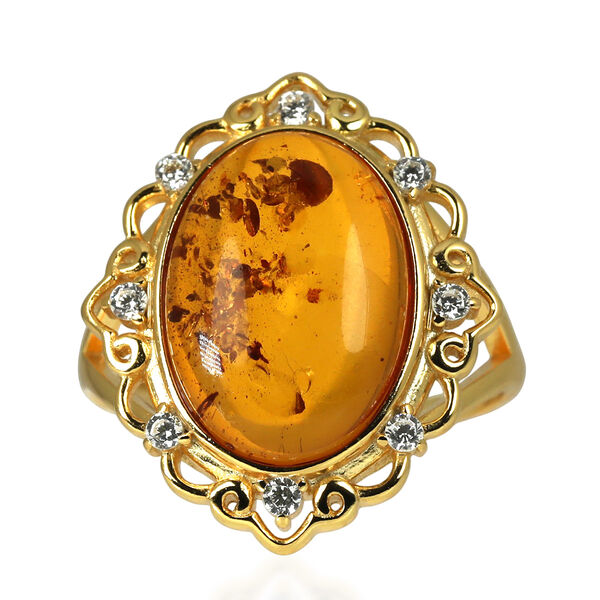 AA Nat&uuml;rlicher Baltischer Bernstein, Zirkonia Ring (Gr&ouml;&szlig;e 17.00-20.00) 925 Silber vergoldet