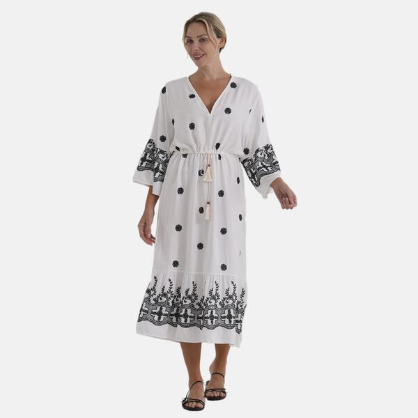 LA MAREY Kleid, V-Ausschnitt, Elastikbund, 125cm, Wei&szlig;-Schwarz image number 3