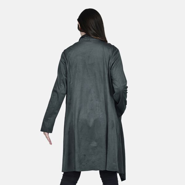 LA MAREY - lange Wasserfall offene Jacke aus Kunst-Wildleder, Größe M, Grün image number 2