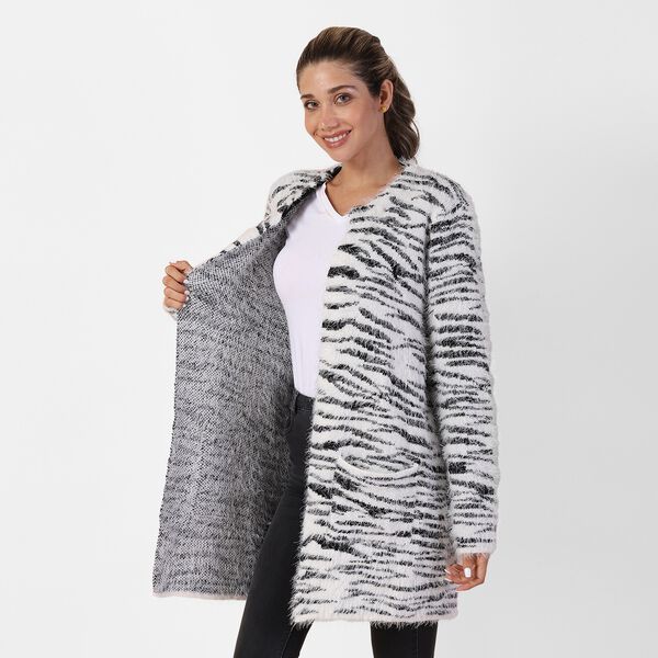 Langer Cardigan mit Taschen und Knopf, gestrickt, Einheitsgröße Zebra Muster image number 2