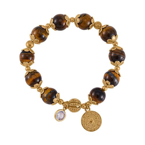 Gelbes Tigerauge, Weißer Kristall flexibles Charm-Armband, vergoldet image number 0