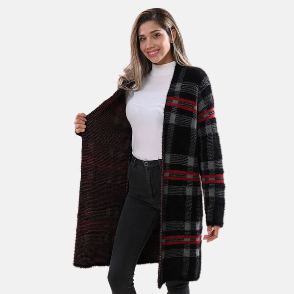 LA MAREY lange Strickjacke, Karomuster, Grau und Schwarz image number 4