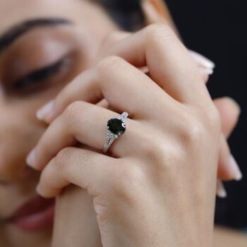 Nat&uuml;rlicher Chromdiopsid, Wei&szlig;er Zirkon Ring, 925 Silber platiniert, (Gr&ouml;&szlig;e 21.00) ca. 1.71 ct