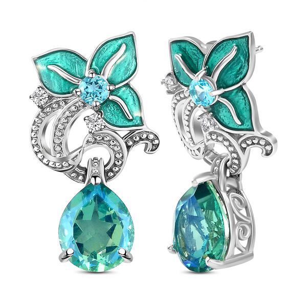 GP Italian Garden Kollektion - Pfau Triplett Quarz, blaue Apatit, Kanchanaburi blauer Saphir und Zirkon florale, emaillierte Ohrh&auml;nger in Silber image number 4