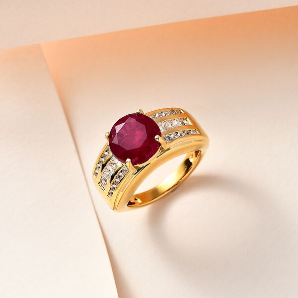 Afrikanischer Rubin (Fissure gef&uuml;llt), Wei&szlig;er Zirkon Ring, 925 Silber Gelbgold Vermeil (Gr&ouml;&szlig;e 17.00) ca. 6.52 ct image number 2