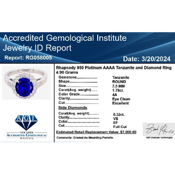 Rhapsody AAAA Tansanit, Weißer Diamant Ring 950 Platin (Größe 19.00) ca. 2,10 ct image number 9