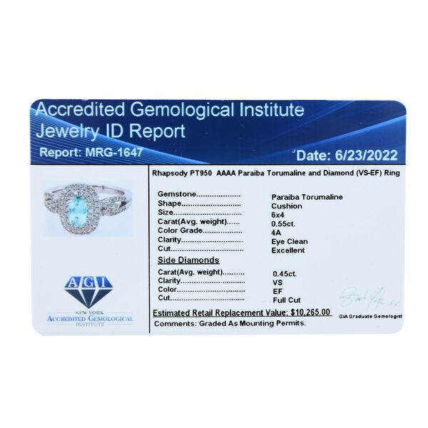 Rhapsody AAAA Paraiba Turmalin und Diamant-Halo-Ring, VS E-F, 950 Platin, 1,00 ct. image number 7