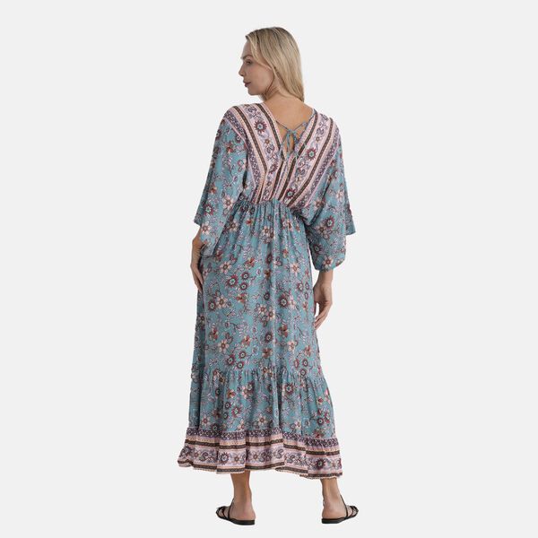 " 1.100% Viscosse Plain Weave 2. Placement Print 3. Elastic Waist 4. Kimono Style Sleeves 5. Teired Hem 6. Back Tie ClosureMaterial :100% viscosebust 38CM*length 135CM bust(EXTENDED)62CM Weight:320g Color:blue  base with print " image number 4