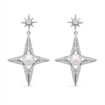 Wei&szlig;e S&uuml;&szlig;wasser Perle und wei&szlig;e Zirkonia-Ohrringe, Messing