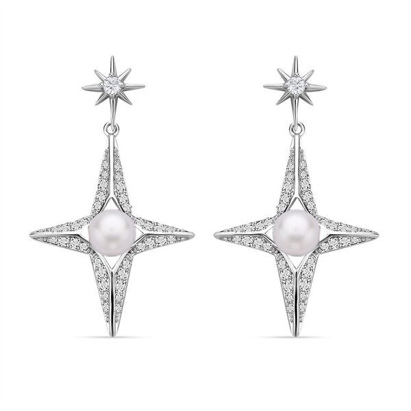 Weiße Süßwasser Perle und weiße Zirkonia-Ohrringe, Messing image number 0