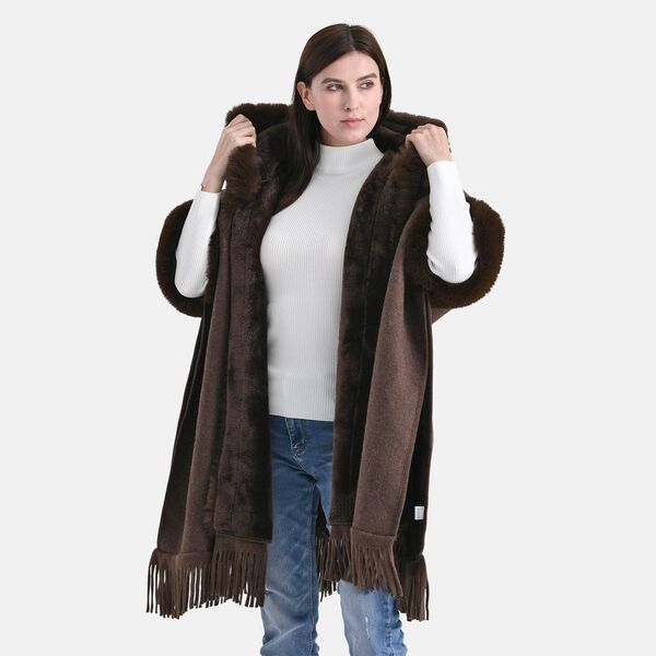 LA MAREY - Poncho aus Webpelz mit Fransen und Fleecefutter, Einheitsgröße, Braun image number 4