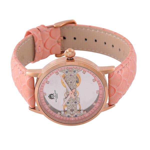 William Hunt Automatik-Uhr, Hohles Zifferblatt mit weißen Kristallen, rosa Lederarmband, 5ATM wasserdicht image number 4