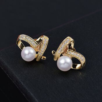 S&uuml;&szlig;wasser Perle (6-6.5 mm), Wei&szlig;e Zirkon Ohrringe, Messing