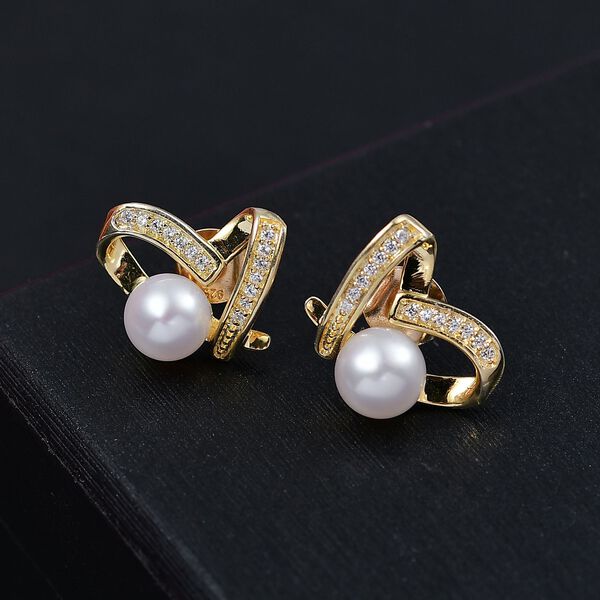 Süßwasser Perle (6-6.5 mm), Weiße Zirkon Ohrringe, Messing image number 2