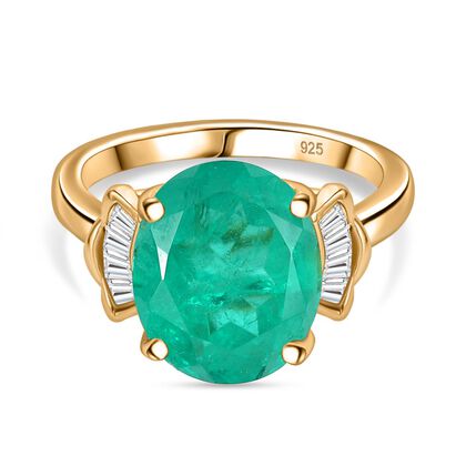 Smaragd-Quarz Triplette, Wei&szlig;er Zirkon Ring 925 Silber 750 Gelbgold Vermeil (Gr&ouml;&szlig;e 16.00) ca. 5.74 ct