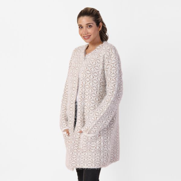 Langer Cardigan mit Taschen und Knopf, gestrickt, Einheitsgr&ouml;&szlig;e Rautenmuster, Khaki image number 2