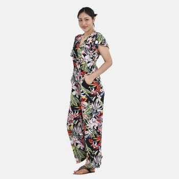 Jumpsuit mit gesmokter Taille und Flatter&auml;rmeln, Tropisches Blumenmuster