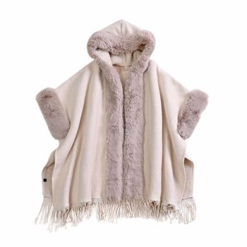 Faux Fur thick cape with tassel and fleece liningMaterial: 40% Acrylic 40% Polyester 20% cottonSize:110*90cmWeight:1470gColor: beige