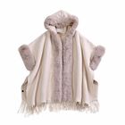 Faux Fur thick cape with tassel and fleece liningMaterial: 40% Acrylic 40% Polyester 20% cottonSize:110*90cmWeight:1470gColor: beige