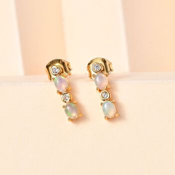 AA Nat&uuml;rlicher, &auml;thiopischer Welo Opal, Wei&szlig;er Zirkon Ohrringe 925 Silber 750 Gelbgold Vermeil ca. 0.60 ct