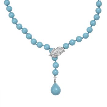 Sleeping Beauty t&uuml;rkisfarbene 8mm Muschelkernperle und wei&szlig;e Zirkonia 60cm Halskette