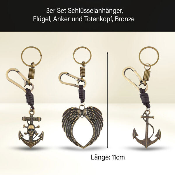 3er Set Schl&uuml;sselanh&auml;nger, Fl&uuml;gel Anker Totenkopf, Bronze image number 2