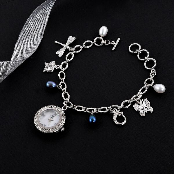 Royal Bali Kollektion- Wei&szlig;e S&uuml;&szlig;wasser Perle und Pfau Perlen-Uhr in Silber, 19 cm, 23g image number 1