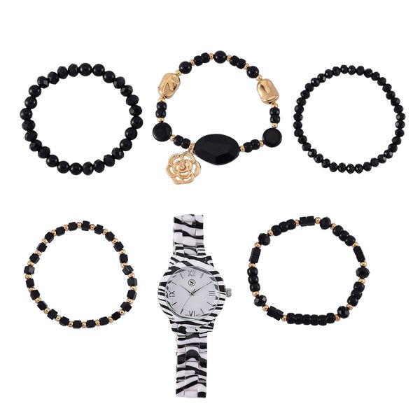 6er Set - J Francis gefertigt aus Harz: 5 Armb&auml;nder und Zebra-Muster Uhr, vergoldet