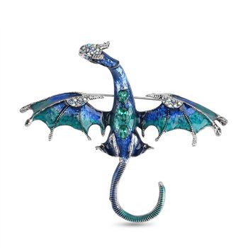 Drachen Gr&uuml;ner Kristall Brosche emailliert