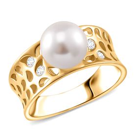 Weiße Muschelkernperle, Moissanit Ring 925 Silber vergoldet (Größe 18.00)