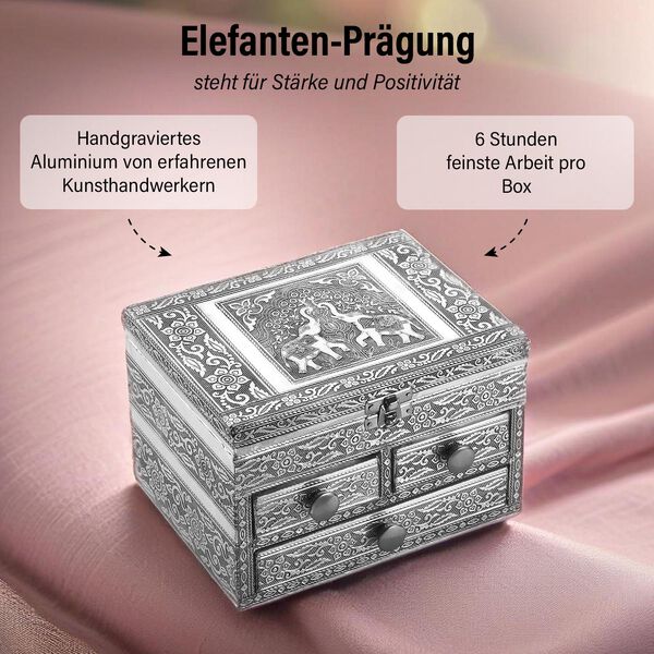 Oxidierte 3-stufige Schmuckbox mit Elefantenprägung und Samt-Innenfutter image number 2