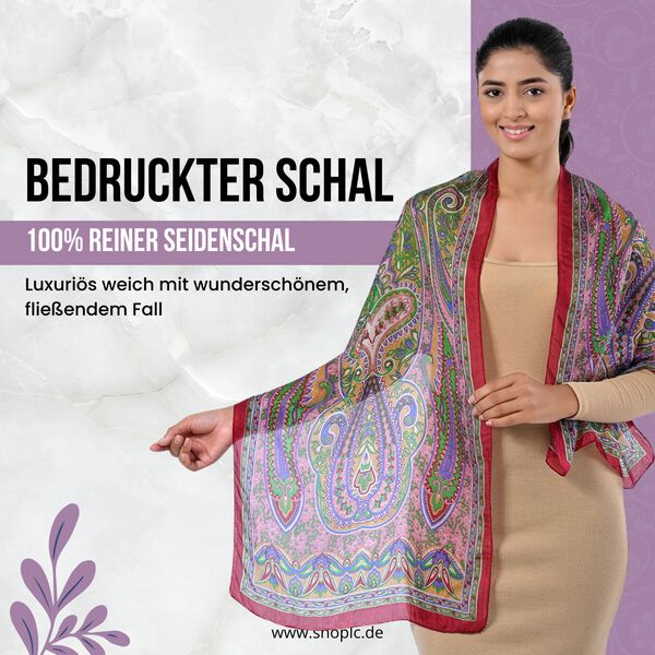 Bedruckter Schal aus 100% Seide, Mehrfarbiges Muster mit weinroter Bordüre, 70x200 cm image number 0