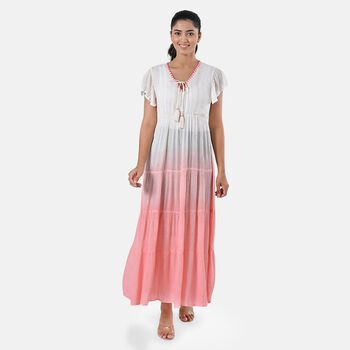 Maxikleid aus Viskose-Crepe mit Lurex Ombre-Schal mit Quasten aus Poly-Seide-Modal und Crossbody Tasche Rosa