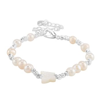 Wei&szlig;e Muschelkernperle, Wei&szlig;e S&uuml;&szlig;wasser Perle Armband ca. 15.25 cm + 3.5 cm Extender, Nickelfreies Messing Silberfarben